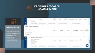 PRODUCT RESEARCH
SAMPLE WORK
Now that we have a
product idea, we can
now begin our
search on the
Amazon website.
Method Used
 