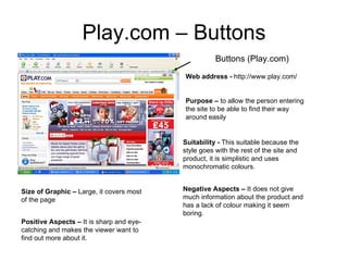 Play.com – Buttons Buttons (Play.com) Web address -  http://www.play.com/  Purpose –  to allow the person entering the site to be able to find their way around easily  Suitability -  This suitable because the style goes with the rest of the site and product, it is simplistic and uses monochromatic colours. Size of Graphic –  Large, it covers most of the page  Positive Aspects –  It is sharp and eye-catching and makes the viewer want to find out more about it.  Negative Aspects –  It does not give much information about the product and has a lack of colour making it seem boring.  