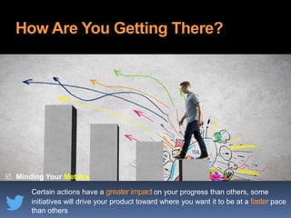 How Are You Getting There?
 Minding Your Metrics
Certain actions have a greater impact on your progress than others, some
initiatives will drive your product toward where you want it to be at a faster pace
than others
 