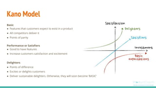 Kano Model
Basic
● Features that customers expect to exist in a product
● All competitors deliver it
● Points of parity
Performance or Satisfiers
● Good to have features
● Increase customers satisfaction and excitement
Delighters
● Points of difference
● Excites or delights customers
● Deliver sustainable delighters. Otherwise, they will soon become ‘BASIC’
 