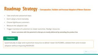 Roadmap Strategy - Conceptualize, Validate and Increase Adoption of Newer Outcome
• Take small and substantial steps
• Don’t adopt a herd mentality
• Choose lighthouse customers
• Measure the adoption rate
• Trigger transition of customers to newer outcomes. Realign resources
• Newer outcomes with the potential to disrupt are mostly delivered by extending the product line
Systematically re-align and re-prioritize resources to deliver newer OUTCOMES, validate them and increase
adoption without impacting REVENUES
Objective
 