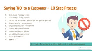 Saying ‘NO’ to a Customer – 10 Step Process
1. Understand the requirement
2. Evaluate type of requirement
3. Validate the requirement – Alignment with product purpose
4. Fitment with the current strategy
5. Is it generic or custom requirement
6. Analyse the business impact
7. Evaluate alternate proposals
8. Any additional requirements
9. Negotiate and finalize
10. Lookback
It is not a formulae or a silver bullet… It is a thought process
 