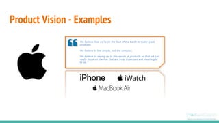 Product Vision - Examples
We believe that we’re on the face of the Earth to make great
products.
We believe in the simple, not the complex.
We believe in saying no to thousands of products so that we can
really focus on the few that are truly important and meaningful
to us.”
 