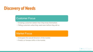 Discovery of Needs
Customer Focus
• Knowing customers better than they know themselves
• Telling customers what they need even before they tell us
Market Focus
• Anticipate the overall direction of the market
• Predict or foresee shifts in the market
 