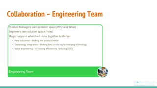 Collaboration – Engineering Team
Engineering Team
Product Managers own problem space (Why and What)
Engineers own solution space (How)
Magic happens when two come together to deliver
• New outcomes – Making the product better
• Technology integration – Making bets on the right emerging technology
• Value engineering - Increasing efficiencies, reducing COGs
 