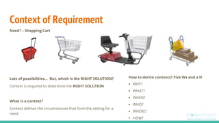 Context of Requirement
Lots of possibilities… But, which is the RIGHT SOLUTION?
Context is required to determine the RIGHT SOLUTION
What is a context?
Context defines the circumstances that form the setting for a
need
How to derive contexts? Five Ws and a H
• WHY?
• WHAT?
• WHEN?
• WHO?
• WHERE?
• HOW?
Need? – Shopping Cart
 
