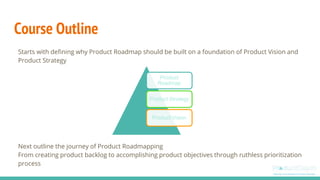 Course Outline
Starts with defining why Product Roadmap should be built on a foundation of Product Vision and
Product Strategy
Next outline the journey of Product Roadmapping
From creating product backlog to accomplishing product objectives through ruthless prioritization
process
Product
Roadmap
Product Strategy
Product Vision
 