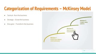 Categorization of Requirements – McKinsey Model
● Tactical - Run the business
● Strategic - Grow the business
● Disruptor ...