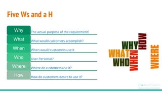 Five Ws and a H
The actual purpose of the requirement?Why
What would customers accomplish?What
When would customers use it...
