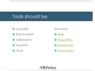 Copyright
DKParker, LLC
2018
Tools should be
¤ Accessible
¤ Easy to update
¤ Collaborative
¤ Consistent
¤ Visual
Some Tools:
¤ Trello
¤ ProductPlan
¤ Monday.com
¤ Product Stash
 