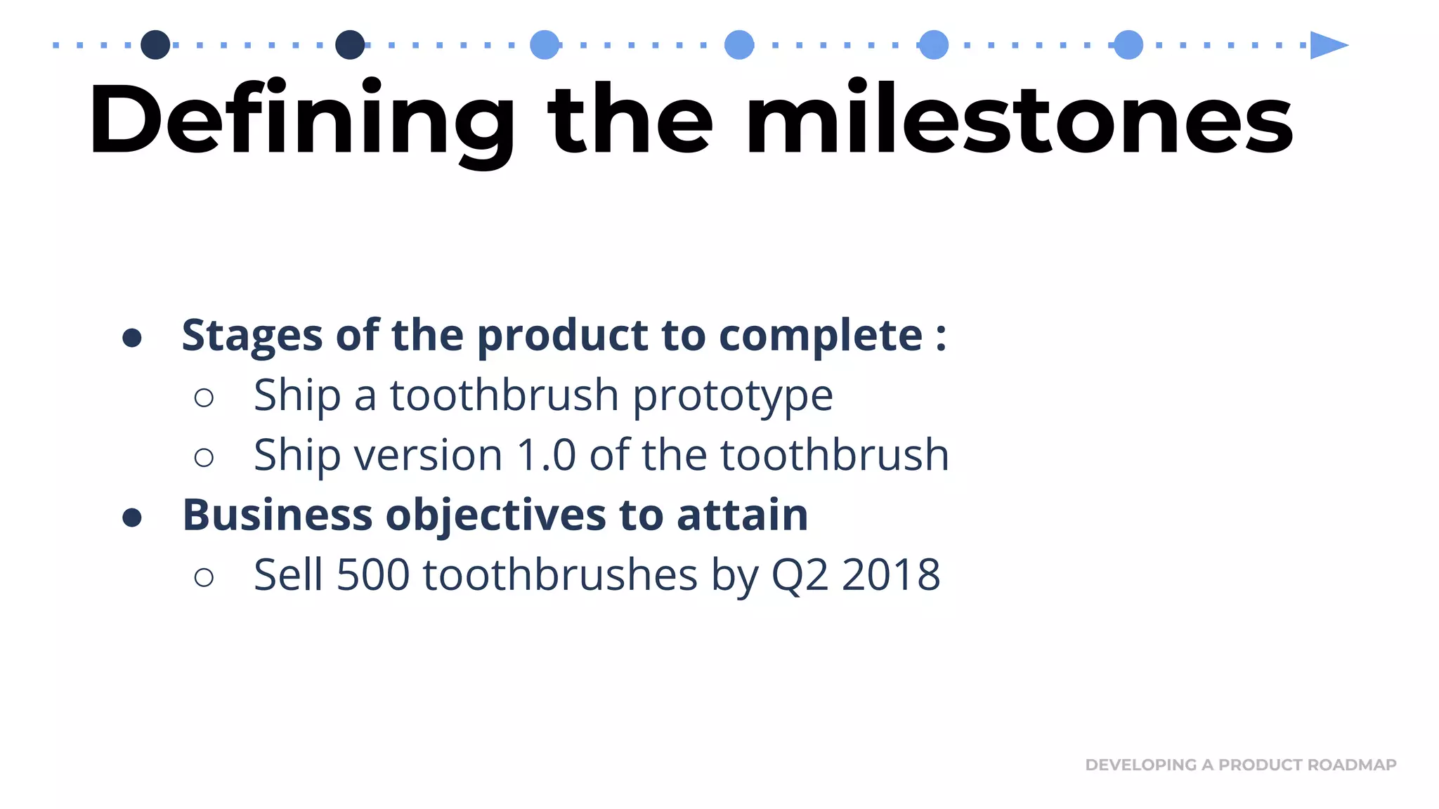 Defining the milestones
DEVELOPING A PRODUCT ROADMAP
● Stages of the product to complete :
○ Ship a toothbrush prototype
○ Ship version 1.0 of the toothbrush
● Business objectives to attain
○ Sell 500 toothbrushes by Q2 2018
 