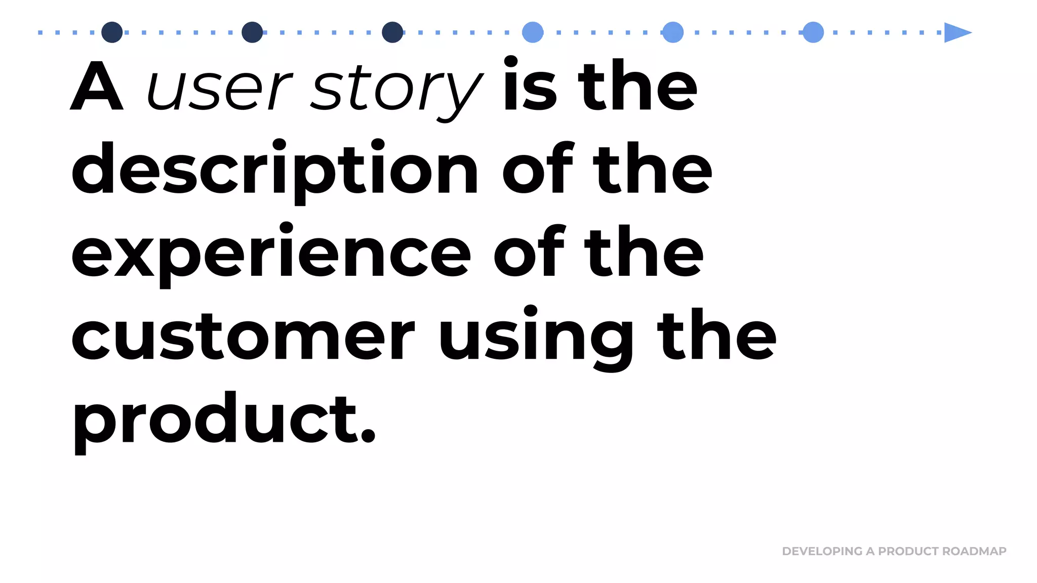 A user story is the
description of the
experience of the
customer using the
product.
DEVELOPING A PRODUCT ROADMAP
 