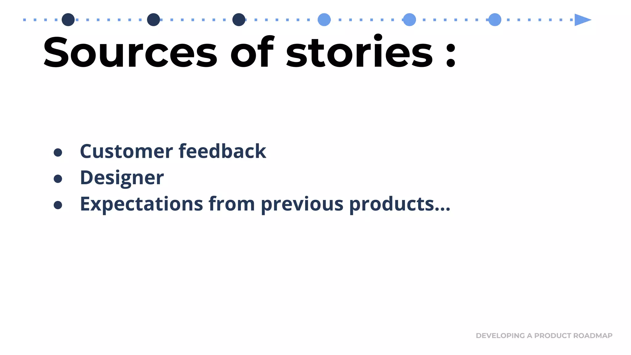 Sources of stories :
DEVELOPING A PRODUCT ROADMAP
● Customer feedback
● Designer
● Expectations from previous products...
 