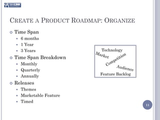 CREATE A PRODUCT ROADMAP: ORGANIZE
   Time Span
     6 months
     1 Year
     3 Years              Technology
   Time Span Breakdown
     Monthly
     Quarterly
                           Feature Backlog
     Annually

   Releases
     Themes
     Marketable Feature
     Timed
                                             11
 