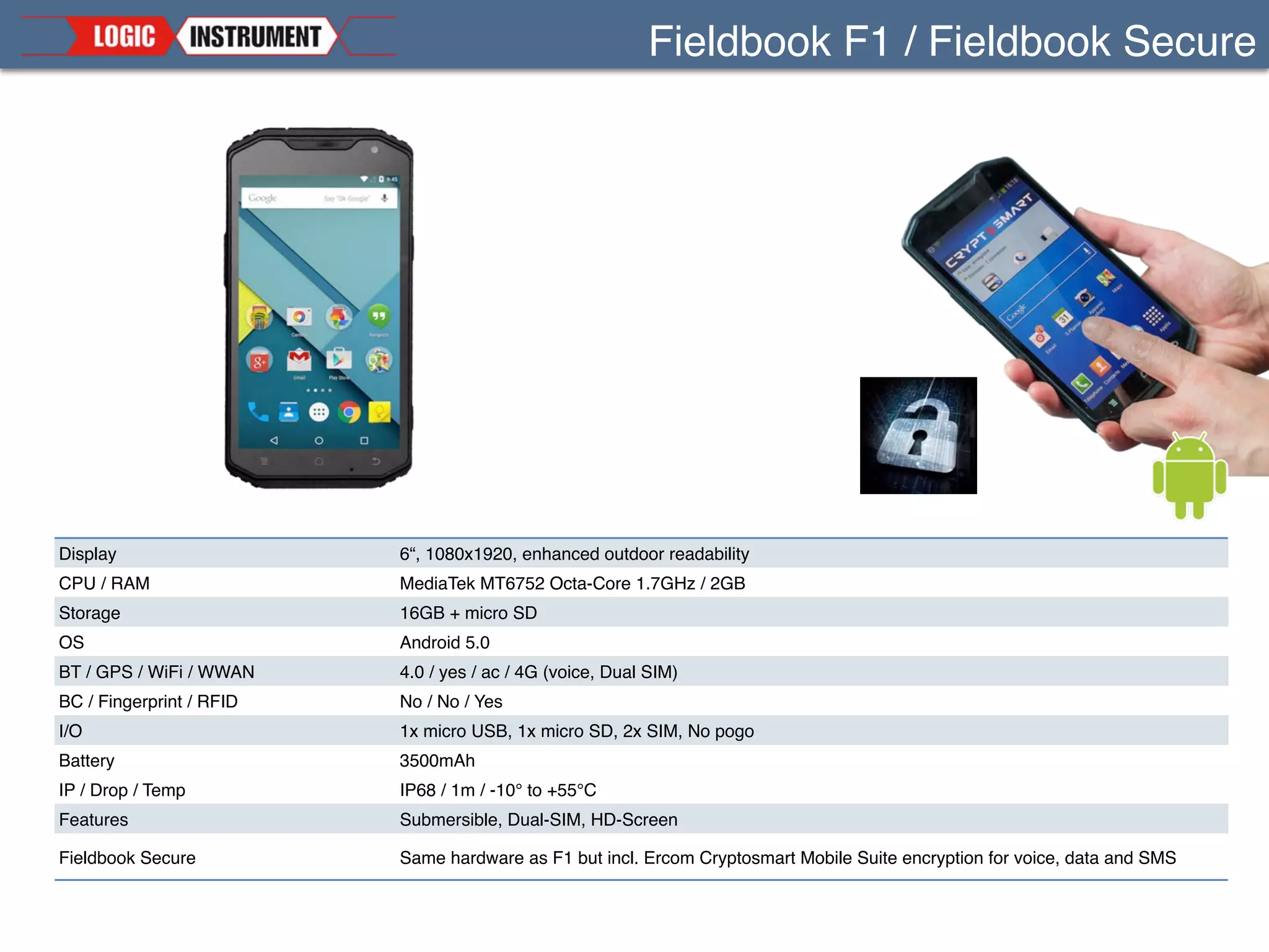 Fieldbook L101
Display 10.1" capacitive 10-point touchscreen, 1280x800, Digitizer
CPU / RAM Z3740D / 2 GB
Storage 64 GB (128GB option) + micro SD
OS Windows 7 / 8.1 / 10
BT / GPS / WiFi / WWAN 4.0 / yes / yes / 3G (4G in Q1 2016)
BC / Fingerprint / RFID No / No / No
I/O 2x USB 2.0 host, 1x micro SD, 1x SIM card, 1x micro HDMI, 1x headphone, docking connector
Battery 8000mAh
IP / Drop / Temp IP65 / 1m on concrete / -20° to +50°C
Features Attachable Keyboard, slim representative design, cameras 2M/5M
Dimensions / Weight 268 x 184 x 13 mm / 837g
 