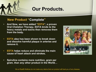 Our Products. And Now, we have added “ EDTA ”, a proven Oral Chelation Therapy, EDTA binds to the heavy metals and toxins then removes them from the body.  EDTA  also has been shown to break down and dissolve harmful plaque in arteries and remove it. EDTA  helps reduce and eliminate the main cause of heart attack and strokes.    Spirulina contains more nutrition, gram per gram, than any other product in the World… New Product “ Complete ” We at Realfit Wellnes do not make any claims that our product will heal you of any disease . 