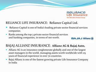 RELIANCE LIFE INSURANCE:  Reliance Capital Ltd. Reliance Capital is one of India’s leading private sector financial services companiesRanks among the top 3 private sector financial services and banking companies, in terms of net worth.BAJAJ ALLIANZ INSURANCE:  Allianz AG & Bajaj Auto,Allianz AG is an insurance conglomerate globally and one of the largest asset managers in the world, managing assets worth worldwide with 115 years of financial experience in over 70 countries.Bajaj Allianz is one of the fastest growing private Life Insurance Company in India