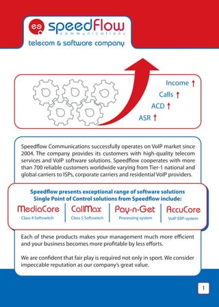Income
                                                              Calls
                                                          ACD
                                                    ASR


Speed ow Communications successfully operates on VoIP market since
2004. The company provides its customers with high-quality telecom
services and VoIP software solutions. Speed ow cooperates with more
than 700 reliable customers worldwide varying from Tier-1 national and
global carriers to ISPs, corporate carriers and residential VoIP providers.

    Speed ow presents exceptional range of software solutions
     Single Point of Control solutions from Speed ow include:


Class 4 Softswitch   Class 5 Softswitch   Processing system      VoIP ERP-system



Each of these products makes your management much more e cient
and your business becomes more pro table by less e orts.

We are con dent that fair play is required not only in sport. We consider
impeccable reputation as our company’s great value.


                                                                                   1
 