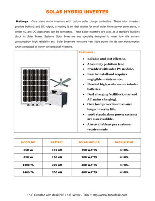 SOLAR HYBRID INVERTER

Maitreya    offers stand alone inverters with built-in solar charge controllers. These solar inverters

provide both AC and DC output, a making it an ideal choice for small solar home power generators, in

which AC and DC appliances can be connected. These Solar inverters are used as a standard building

block in Solar Power Systems Solar Inverters are specially designed to meet low idle current

consumption, high reliability etc. Solar Inverters consume very little power for its own consumption

when compared to other conventional inverters.

                                                   Features :

                                                       •   Reliable and cost effective.
                                                       •   Absolutely pollution free.
                                                       •   Provided with solar PV module.
                                                       •   Easy to install and requires
                                                           negligible maintenance.
                                                       •   Flooded high performance tabular
                                                           batteries.
                                                       •   Dual charging facilities (solar and
                                                           AC mains charging).
                                                       •   Over load protection to ensure
                                                           longer inverter life.
                                                       •   100% stands alone power systems
                                                           are also available.
                                                       •   Also available as per customer
                                                           requirements.



    MODEL NO                BATTERY                SOLAR MODULE                  BACKUP TIME


      650 VA                 135 AH                   150 WATTS                      4 HRS.


      850 VA                 180 AH                   200 WATTS                      4 HRS.


     1200 VA                 200 AH                   300 WATTS                      4 HRS.


     1400 VA                 300 AH                   400 WATTS                      4 HRS.




         PDF Created with deskPDF PDF Writer - Trial :: http://www.docudesk.com
 