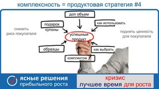 www. clearsolutions.ru
кризис
лучшее время для роста
комплексность = продуктовая стратегия #4
доп объем
как выбрать
купоны
образцы
подарок
успешный
продукт
как использовать
снизить
риск покупателя
поднять ценность
для покупателя
комплектом
 
