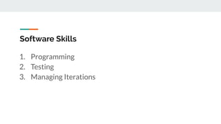 Software Skills
1. Programming
2. Testing
3. Managing Iterations
 