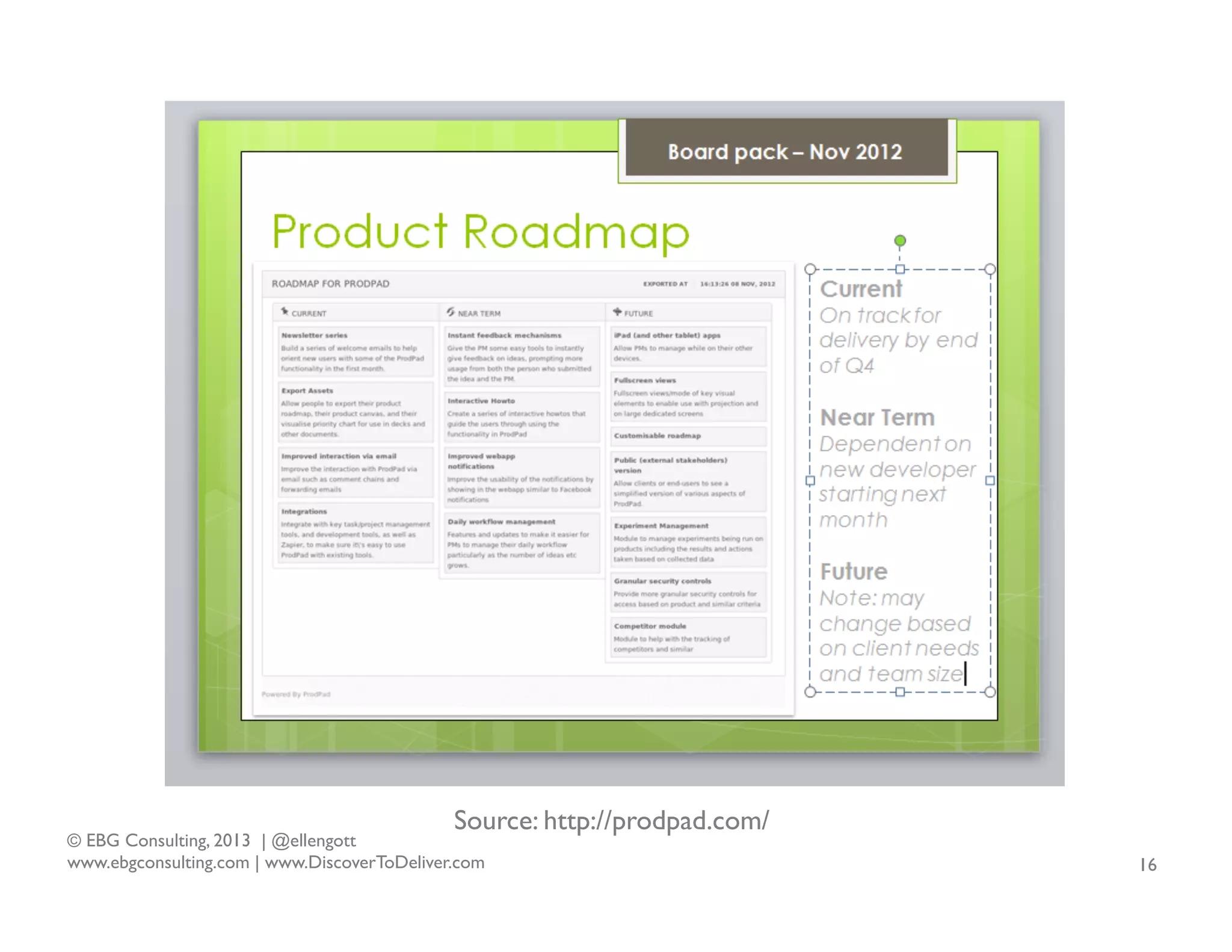 Source: http://prodpad.com/

© EBG Consulting, 2013 | @ellengott
www.ebgconsulting.com | www.DiscoverToDeliver.com

16

 