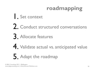 roadmapping

1. Set context
2. Conduct structured conversations
3. Allocate features
4. Validate actual vs. anticipated va...