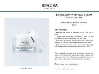 EXPRESSION WRINKLES CREAM
RESTORATIVE CARE
Reduce • Relax • Soften • Smooth

KEY BENEFITS
- Reduces the depth of wrinkles up to 63%, in 28
days*.
- Fights and attenuates expression lines
forehead area, eyes, eyebrows, lips and nose.

in

the

- Stimulates the facial muscle relaxation rather than
paralyze it, causing the wrinkles to appear less deep.
- Safe and less invasive to the skin, works topically,
with an alternative mechanism to Botulinum Toxin.

This

molecular formula, with a delicate texture and
scent, is formulated for reducing wrinkles, creases and
expression lines in the forehead, around the eyes and
lips, by the relaxation of facial expression muscles.

All skin types even sensitive skin.
50 ml • 1.7 fl. oz.

* in vivo studies. See more on spausa.pt.

 