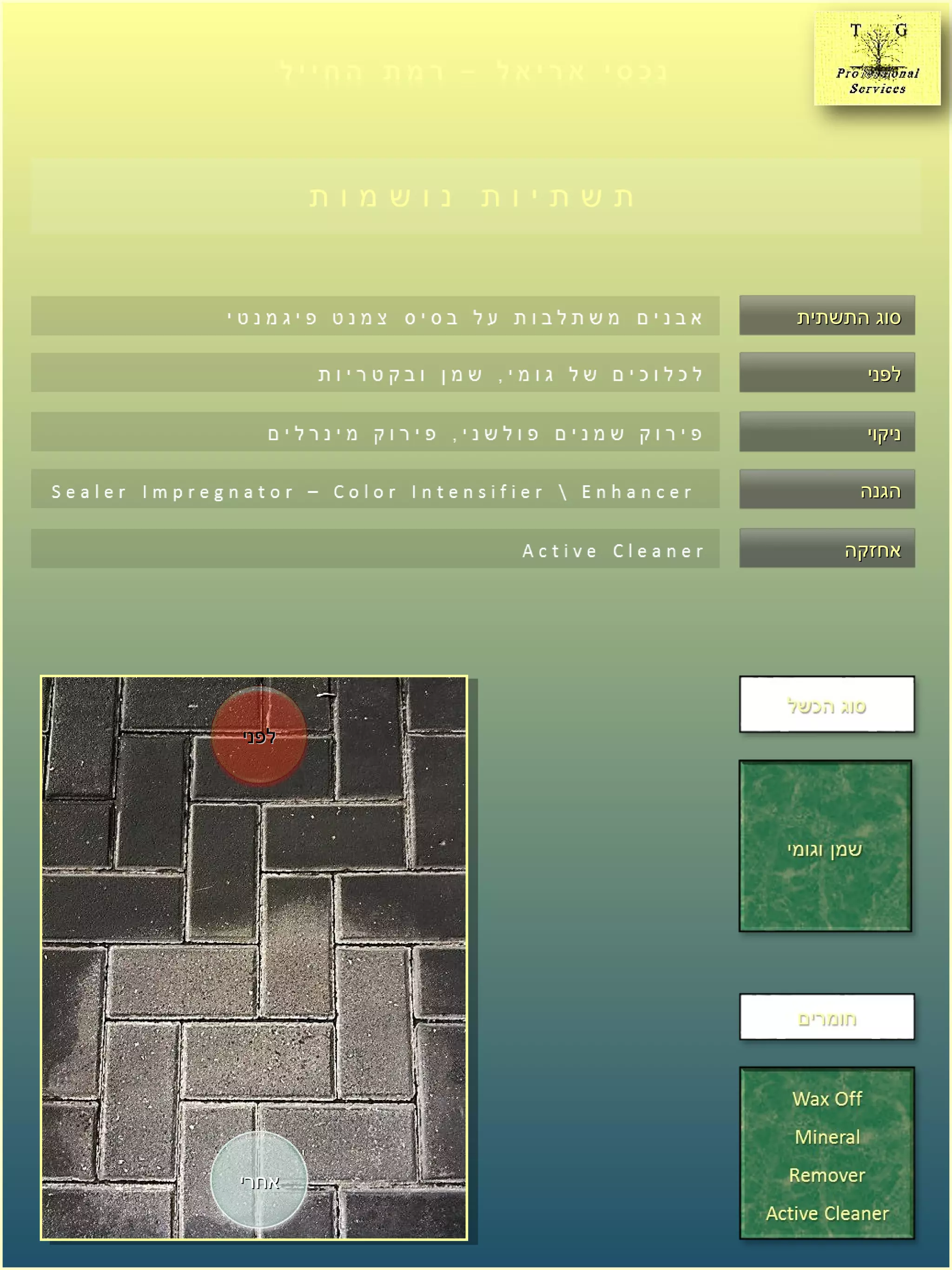 ‫התשתית‬ ‫סוג‬‫התשתית‬ ‫סוג‬
‫לפני‬‫לפני‬
‫ניקוי‬‫ניקוי‬
‫הגנה‬‫הגנה‬
‫אחזקה‬‫אחזקה‬
‫אחרי‬‫אחרי‬
‫לפני‬‫לפני‬
 