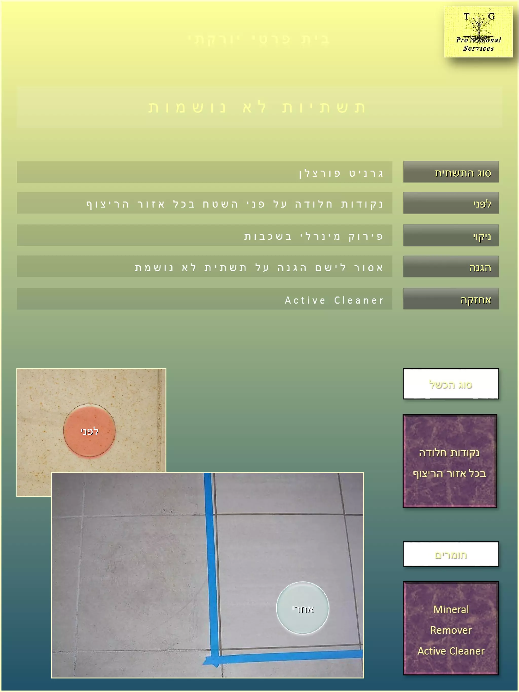 ‫התשתית‬ ‫סוג‬‫התשתית‬ ‫סוג‬
‫לפני‬‫לפני‬
‫ניקוי‬‫ניקוי‬
‫הגנה‬‫הגנה‬
‫אחזקה‬‫אחזקה‬
‫אחרי‬‫אחרי‬
‫לפני‬‫לפני‬
 
