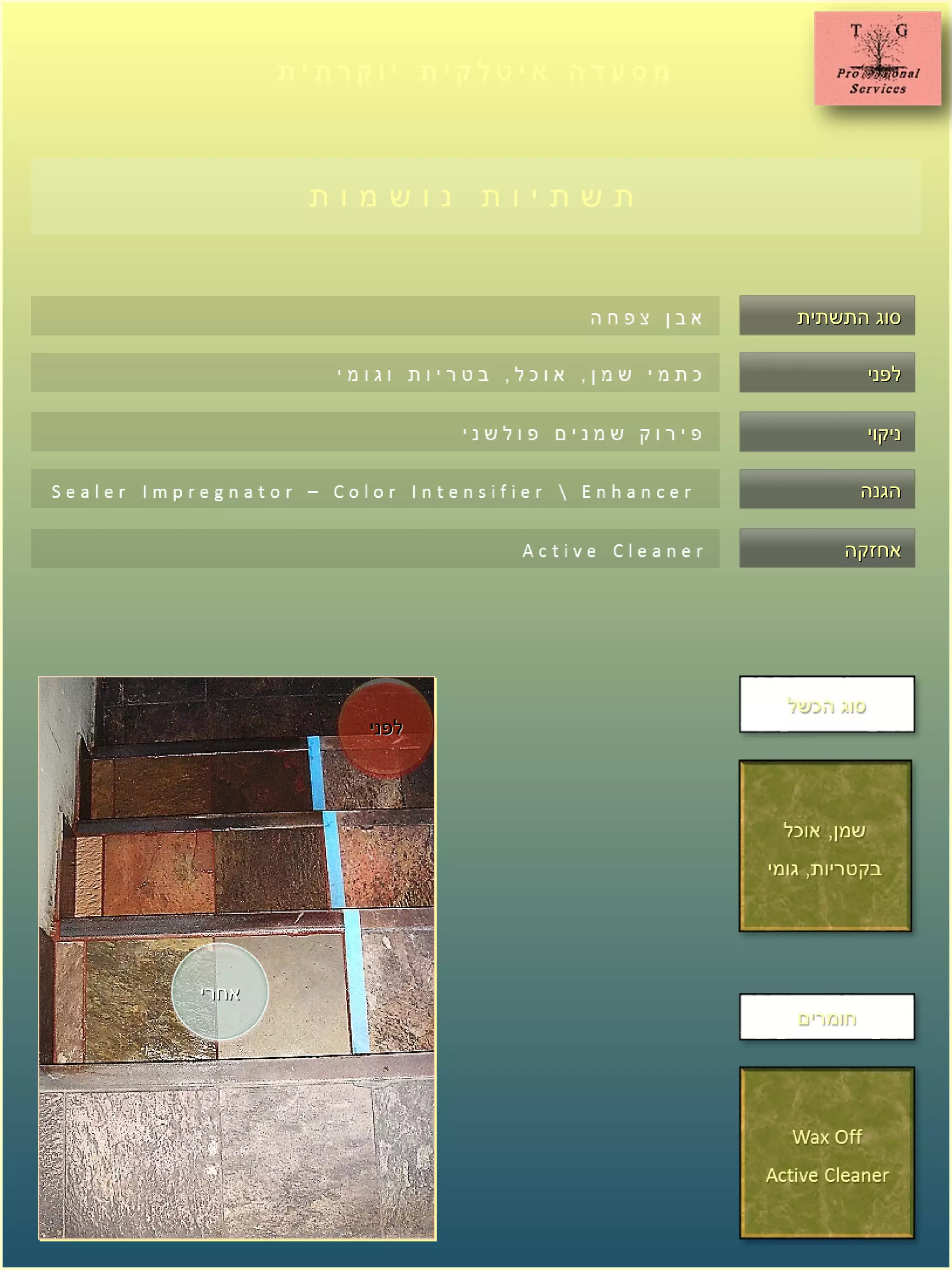 ‫התשתית‬ ‫סוג‬‫התשתית‬ ‫סוג‬
‫לפני‬‫לפני‬
‫ניקוי‬‫ניקוי‬
‫הגנה‬‫הגנה‬
‫אחזקה‬‫אחזקה‬
‫אחרי‬‫אחרי‬
‫לפני‬‫לפני‬
 