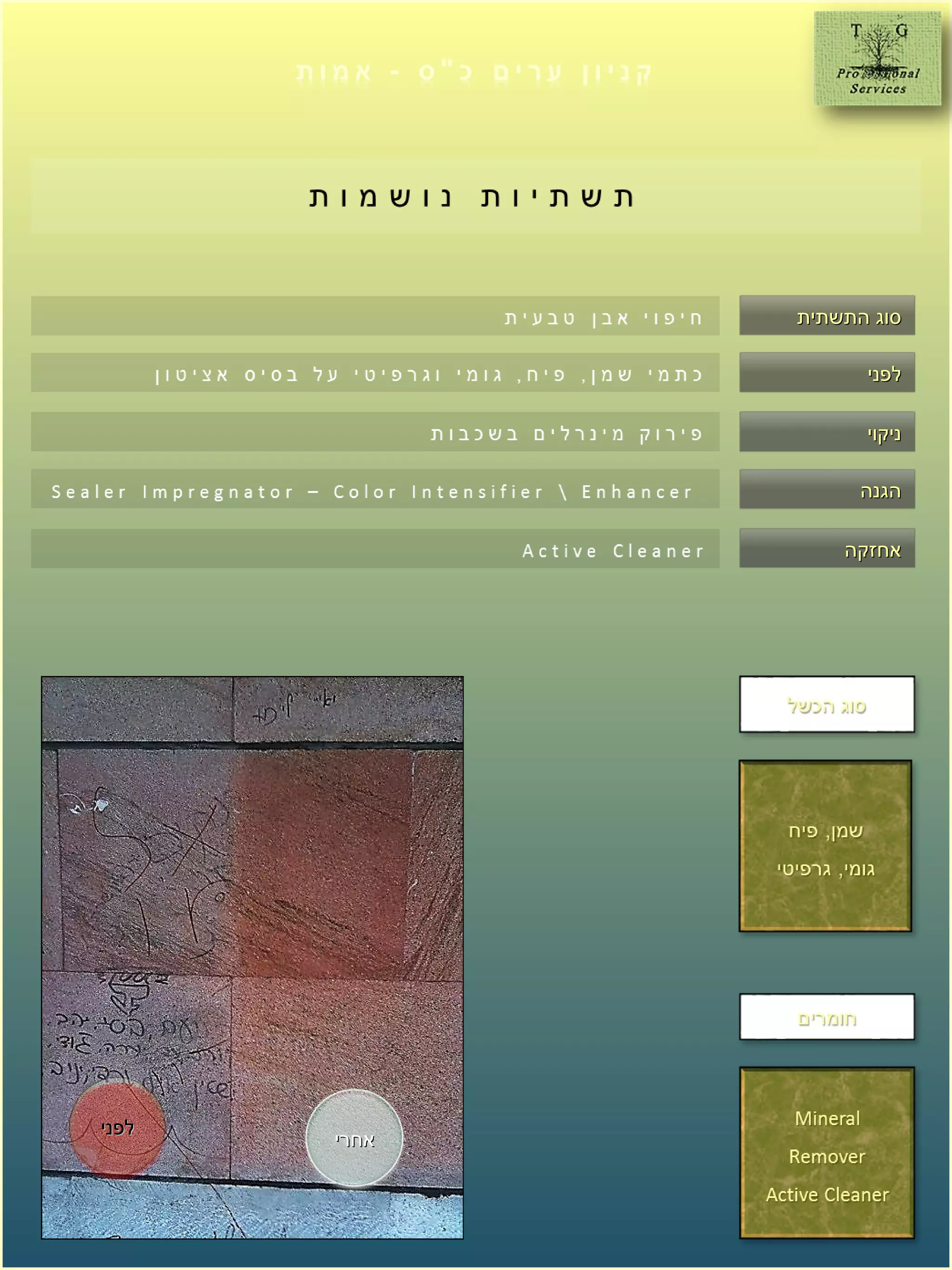 ‫התשתית‬ ‫סוג‬‫התשתית‬ ‫סוג‬
‫לפני‬‫לפני‬
‫ניקוי‬‫ניקוי‬
‫הגנה‬‫הגנה‬
‫אחזקה‬‫אחזקה‬
‫אחרי‬‫אחרי‬
‫לפני‬‫לפני‬
 