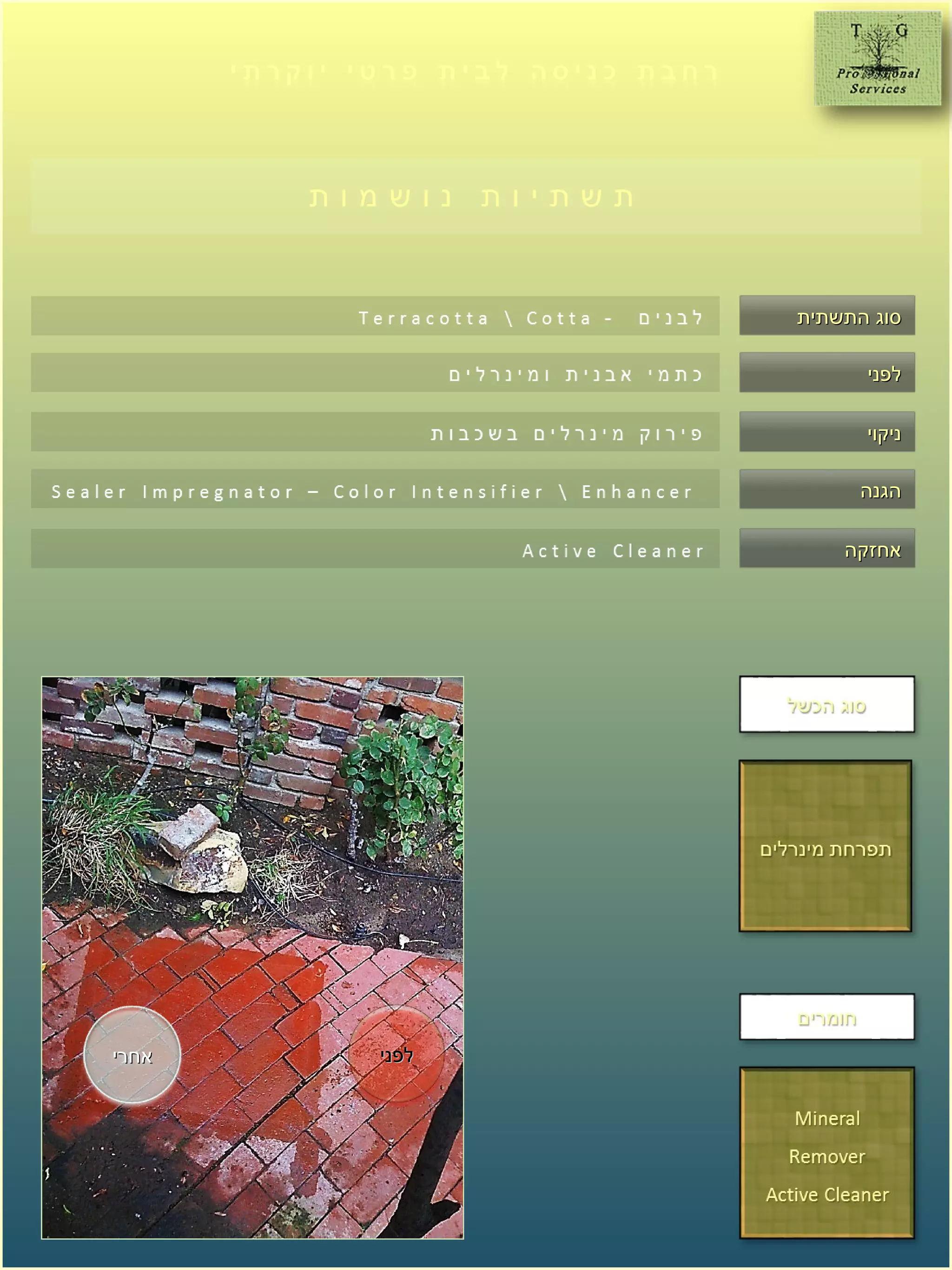 ‫התשתית‬ ‫סוג‬‫התשתית‬ ‫סוג‬
‫לפני‬‫לפני‬
‫ניקוי‬‫ניקוי‬
‫הגנה‬‫הגנה‬
‫אחזקה‬‫אחזקה‬
‫אחרי‬‫אחרי‬ ‫לפני‬‫לפני‬
 