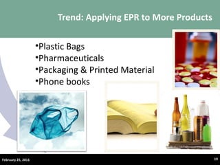 Trend: Applying EPR to More Products Plastic Bags Pharmaceuticals Packaging & Printed Material Phone books February 25, 2011 