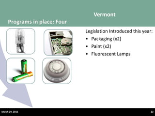 Legislation Introduced this year: Packaging (x2) Paint (x2) Fluorescent Lamps Vermont March 29, 2011 Programs in place: Four 