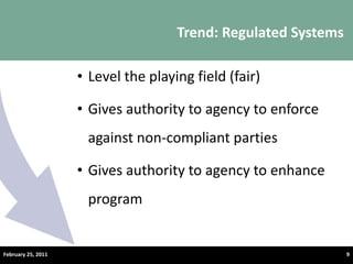 Trend: Regulated Systems Level the playing field (fair) Gives authority to agency to enforce against non-compliant parties Gives authority to agency to enhance program © Product Stewardship Institute – November 3, 2010 February 25, 2011 