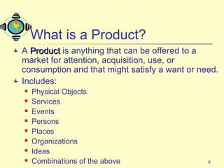 6
What is a Product?
A ProductProduct is anything that can be offered to a
market for attention, acquisition, use, or
consumption and that might satisfy a want or need.
Includes:
 Physical Objects
 Services
 Events
 Persons
 Places
 Organizations
 Ideas
 Combinations of the above
 