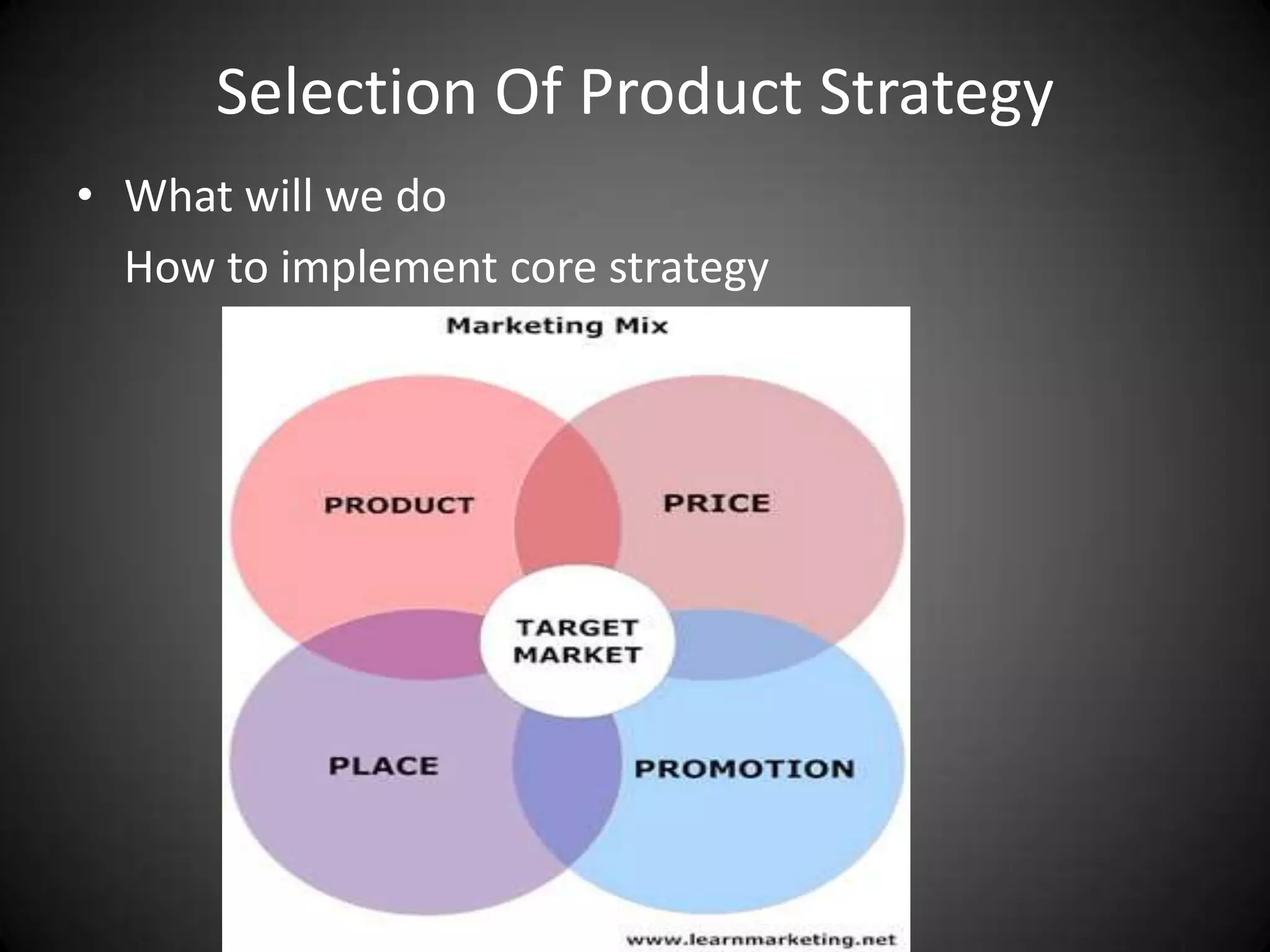 Selection Of Product Strategy
• What will we do
  How to implement core strategy
 