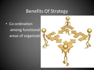 Benefits Of Strategy

• Co-ordination
  among functional
  areas of organization
 
