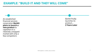 EXAMPLE: “BUILD IT AND THEY WILL COME”
11
An established
ﬁnancial services
corporation BankIt
plans to launch a
new product to
capitalize on a
relatively untapped
market with only a
few competitors
BankIt ﬁnally
launches its
product…
2 Years Later
 
