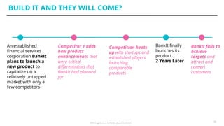 BUILD IT AND THEY WILL COME?
12
An established
ﬁnancial services
corporation BankIt
plans to launch a
new product to
capitalize on a
relatively untapped
market with only a
few competitors
BankIt ﬁnally
launches its
product…
2 Years Later
Competitor 1 adds
new product
enhancements that
were critical
diﬀerentiators that
BankIt had planned
for
BankIt fails to
achieve
targets and
attract and
convert
customers
Competition heats
up with startups and
established players
launching
comparable
products
 