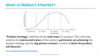 WHAT IS PRODUCT STRATEGY?
4
“Product strategy is deﬁned as the road map of a product. This road map
outlines the end-to-end vision of the product, particulars on achieving the
product strategy and the big picture context in terms of what the product
will become.”
https://en.wikipedia.org/wiki/Product_strategy
 