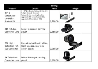 Selling
    Product                       Details                     Price     Image
                  1 - 40" 2-in-1 detachable umbrella; 1- 6
2 in 1            ft. light stand; 1- Universal
                  flash/umbrella mounting bracket;
Detachable        upgrade to 43" umbrella (add 100);
Umbrella          upgrade to 9ft stand (add 400)
Strobist Kit                                                 2,200.00


21X Fish Eye      Lens + lens cap + carrying
Converter Lens    pouch                                      2,650.00



25X High          lens, detachable micro filer,
Definition Fish   front lens cap, rear lens
Eye Converter     cover, pouch                               2,950.00


2X Telephoto      Lens + lens cap + carrying
Converter Lens    pouch                                      1,900.00
 
