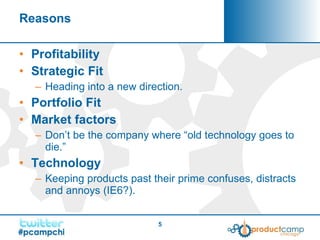 Reasons Profitability Strategic Fit Heading into a new direction. Portfolio Fit Market factors Don’t be the company where “old technology goes to die.”  Technology  Keeping products past their prime confuses, distracts and annoys (IE6?). 