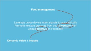 Leverage cross-device intent signals to automatically 
Promote relevant products from your inventory with 
unique creative on Facebook
Feed management
Dynamic video + images
 