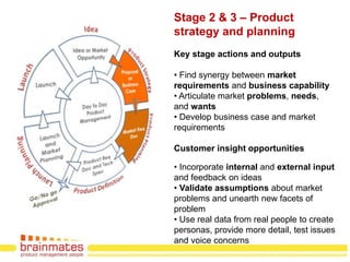 Stage 2 & 3 – Product
strategy and planning
Key stage actions and outputs

• Find synergy between market
requirements and business capability
• Articulate market problems, needs,
and wants
• Develop business case and market
requirements

Customer insight opportunities

• Incorporate internal and external input
and feedback on ideas
• Validate assumptions about market
problems and unearth new facets of
problem
• Use real data from real people to create
personas, provide more detail, test issues
                                      Page no.
and voice concerns
 
