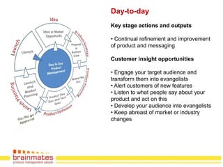 Day-to-day
Key stage actions and outputs

• Continual refinement and improvement
of product and messaging

Customer insight opportunities

• Engage your target audience and
transform them into evangelists
• Alert customers of new features
• Listen to what people say about your
product and act on this
• Develop your audience into evangelists
• Keep abreast of market or industry
changes




                                   Page no.
 