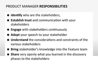 PRODUCT	
  MANAGER	
  RESPONSIBILITIES	
  
⚈  Iden;fy	
  who	
  are	
  the	
  stakeholders,	
  
⚈  Establish	
  trust	
  and	
  communicaOon	
  with	
  your	
  
stakeholders	
  
⚈  Engage	
  with	
  stakeholders	
  conOnuously	
  
⚈  Adapt	
  your	
  speech	
  to	
  your	
  stakeholder	
  
⚈  Understand	
  the	
  consideraOons	
  and	
  constraints	
  of	
  the	
  
various	
  stakeholders	
  
⚈  Bring	
  stakeholder’s	
  knowledge	
  into	
  the	
  Feature	
  team	
  
⚈  Share	
  very	
  openly	
  what	
  you	
  learned	
  in	
  the	
  discovery	
  
phases	
  to	
  the	
  stakeholders	
  
 