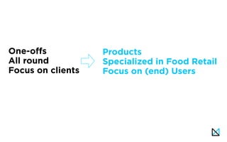 Products
Specialized in Food Retail
Focus on (end) Users
One-offs
All round
Focus on clients
 