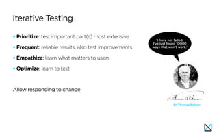 Iterative Testing
•Prioritize: test important part(s) most extensive
•Frequent: reliable results, also test improvements
•Empathize: learn what matters to users
•Optimize: learn to test
Allow responding to change
'I have not failed.
I've just found 10000
ways that won't work.’
Sir Thomas Edison
 